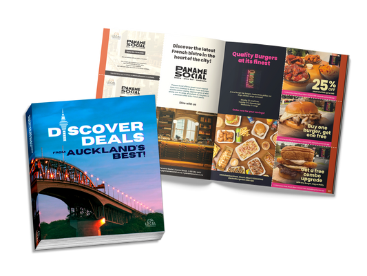Promotional brochures for Auckland's best deals on a white background